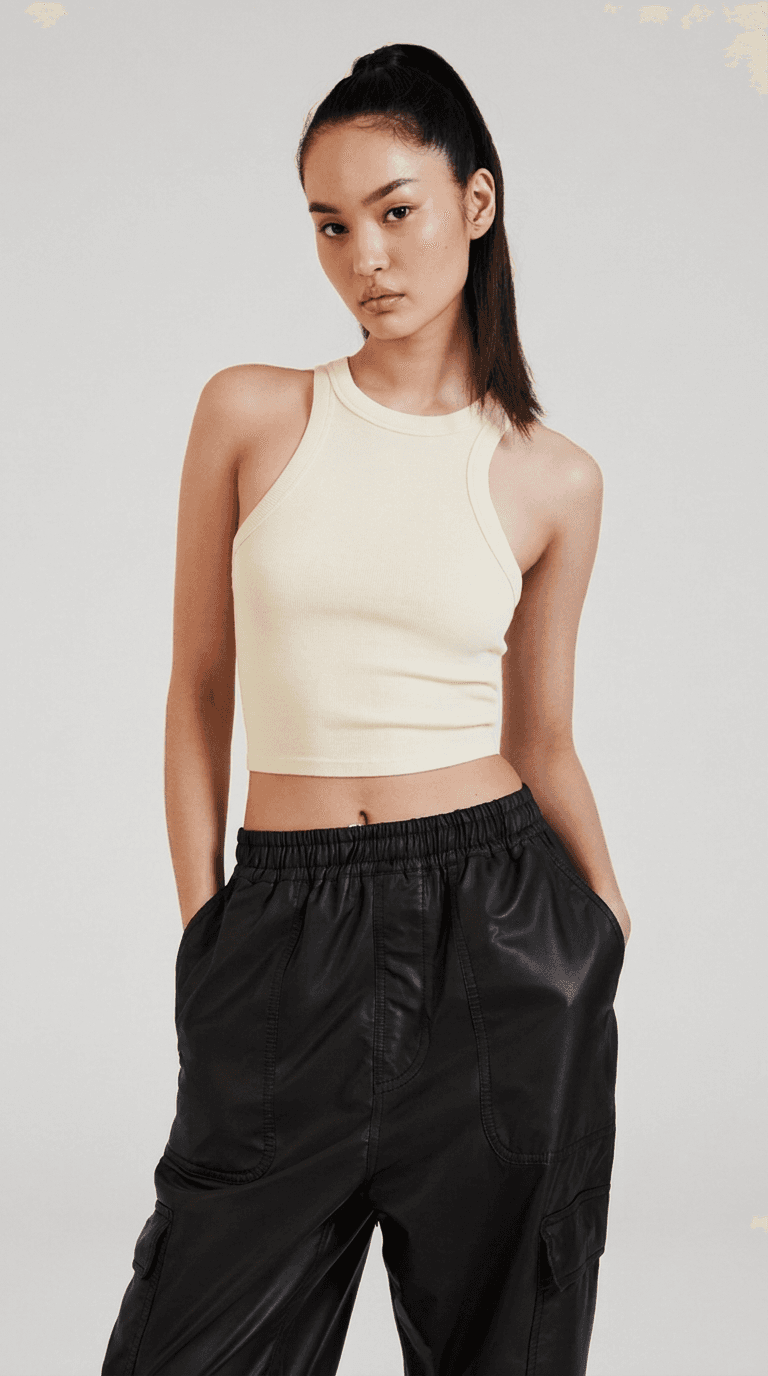 AI model wearing the ivory tank top